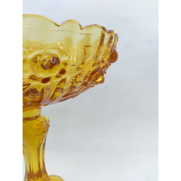 Vtg Unmarked Fenton Raised Cabbage Rose Amber Glass Pedestal Compote Candy Dish - Picture 12 of 15